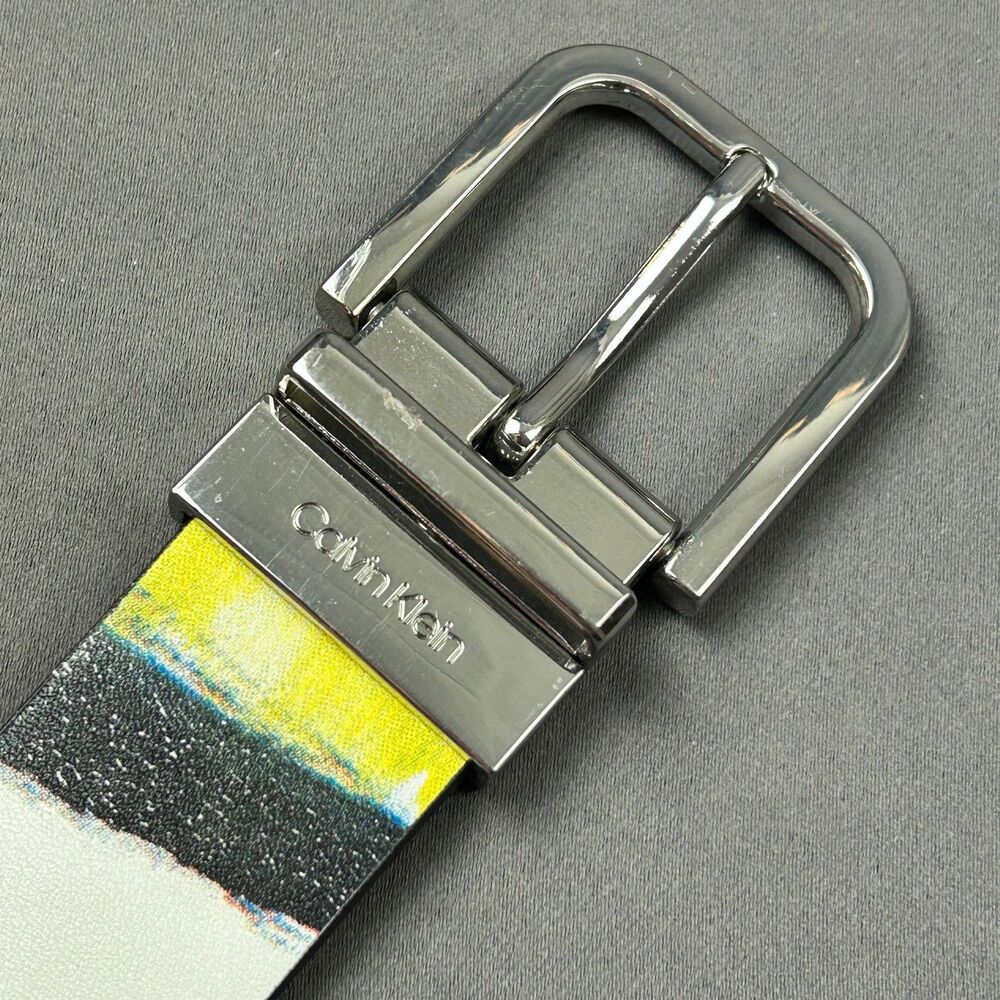 Calvin Klein Leather 1.25" White Yellow Graphic Belt Size L Silver Tone Buckle - Picture 14 of 16